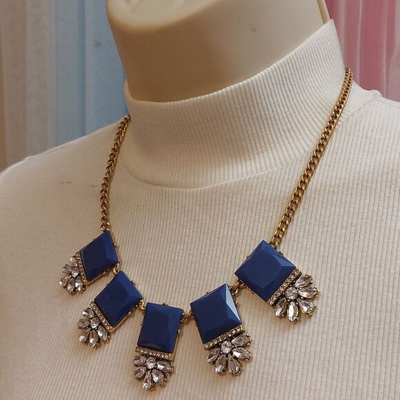 J.crew Blue and Clear Crystals Gold Tone Statement Necklace - Picture 3 of 6